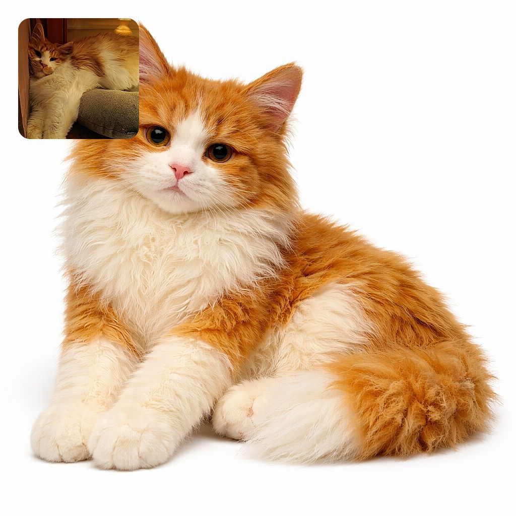 A ridiculously fluffy orange-and-white cat has claimed the cushion and is dramatically flopping its paws toward freedom while a warm bedside lamp provides cinematic golden lighting — looks part royalty, part sleepy noodle.