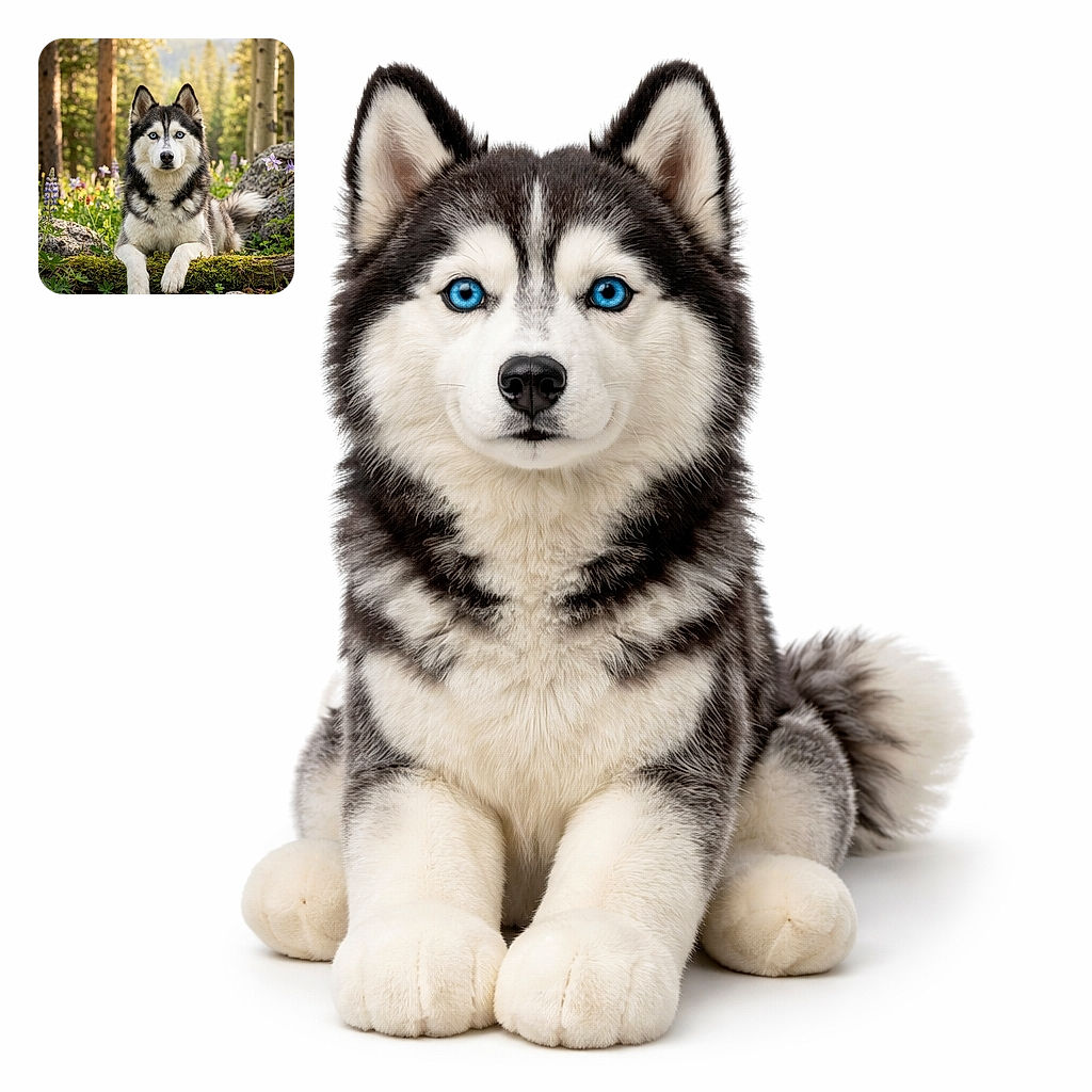 A majestic Siberian husky lounges like an alpine monarch on a mossy log, staring with piercing blue eyes as if judging the forest's decor. Wildflowers, rocks and tall pines make the perfect nature runway while the husky's fluffy paws and regal posture steal the show.