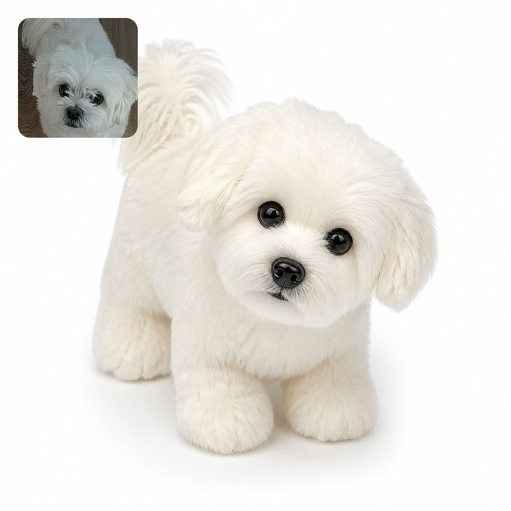 A fluffy white little dog stares up at the camera with enormous shiny eyes, looking like a cloud that learned to be curious. Its tail curls dramatically behind it while it poses on a warm wooden floor, apparently waiting for either treats or a modeling contract.