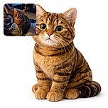 A curious tabby cat with big round eyes sits on a cozy blanket in a warmly lit living room, surrounded by comfy chairs and shelves filled with various decorations, looking like it's about to deliver a profound meow.