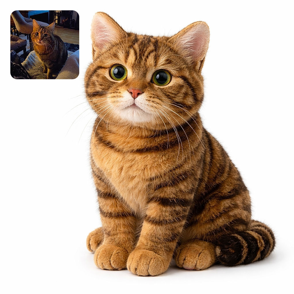 A curious tabby cat with big round eyes sits on a cozy blanket in a warmly lit living room, surrounded by comfy chairs and shelves filled with various decorations, looking like it's about to deliver a profound meow.