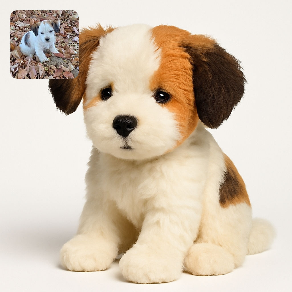 A fluffy white and brown puppy is sitting among a pile of dry autumn leaves, looking curious and a bit sleepy, blending in with the earthy tones of the background.