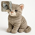 A curious gray tabby cat with striking green eyes is sitting on a wooden floor looking up with a slightly tilted head, as if pondering the mysteries of life or just hoping for a treat.