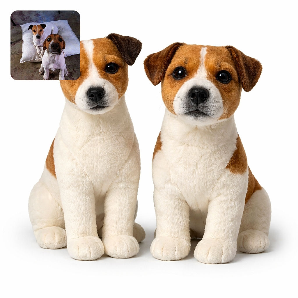 Two curious Jack Russell Terriers, one sitting on a white cushion and the other closer to the camera, both looking intently as if plotting their next playful adventure on a rustic floor.