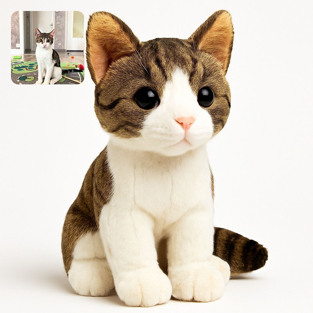 A curious young tabby-and-white cat sits attentively on a colorful play mat, surrounded by scattered toys in a cozy indoor setting with soft natural lighting and a slightly blurred background.