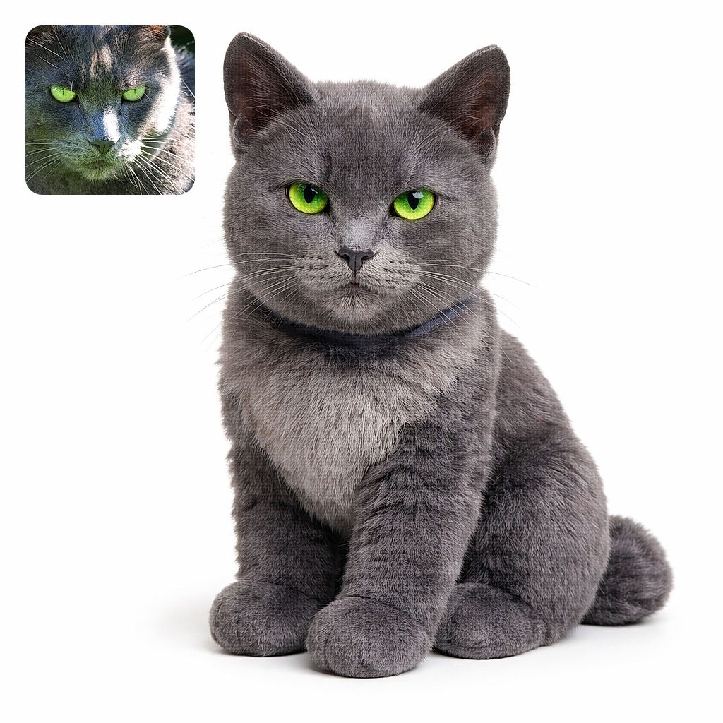 A dramatic close-up of a grey cat locking eyes with the camera — neon-green pupils blazing like tiny saucers while whiskers fan out like radar. The fur shows fine texture in sunlight with soft background foliage, giving this feline the look of a brooding garden overlord.