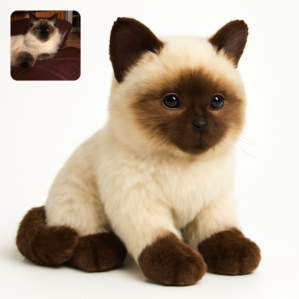 A fluffy cat with striking dark facial markings lounges comfortably on a worn leather chair, looking directly at the camera with a calm and slightly curious expression. The background shows wooden furniture and a glass door, adding a cozy home vibe.