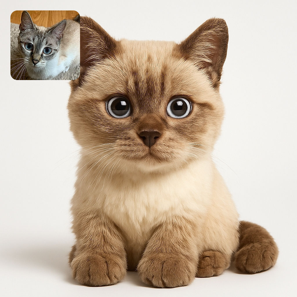 A curious cat with striking blue eyes gazes directly at the camera, standing on a soft beige rug with wooden flooring in the background. The close-up shot captures the fine details of the cat's fur and whiskers, highlighting its attentive expression.