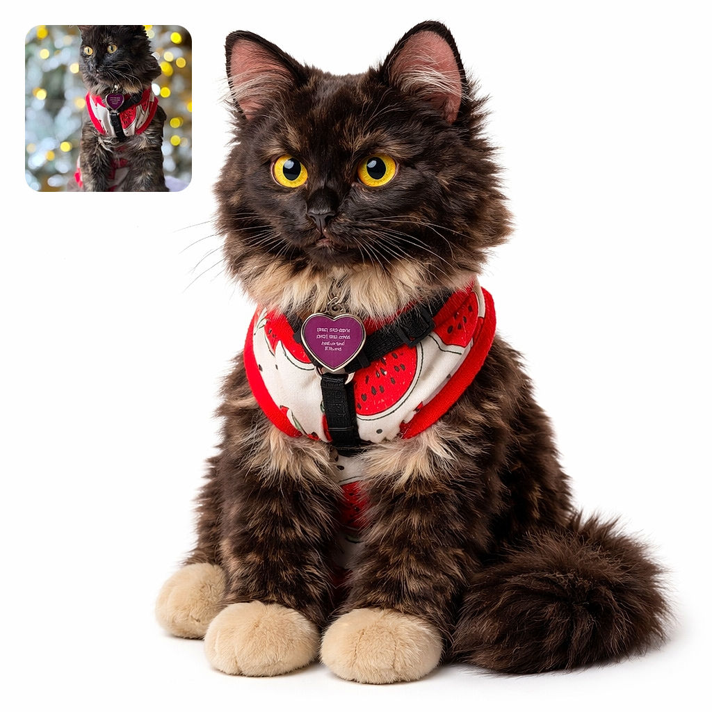 A fluffy tortoiseshell cat wearing a cute watermelon-themed harness poses regally against a dreamy bokeh background of warm yellow and white lights, looking off to the side with bright, curious eyes.