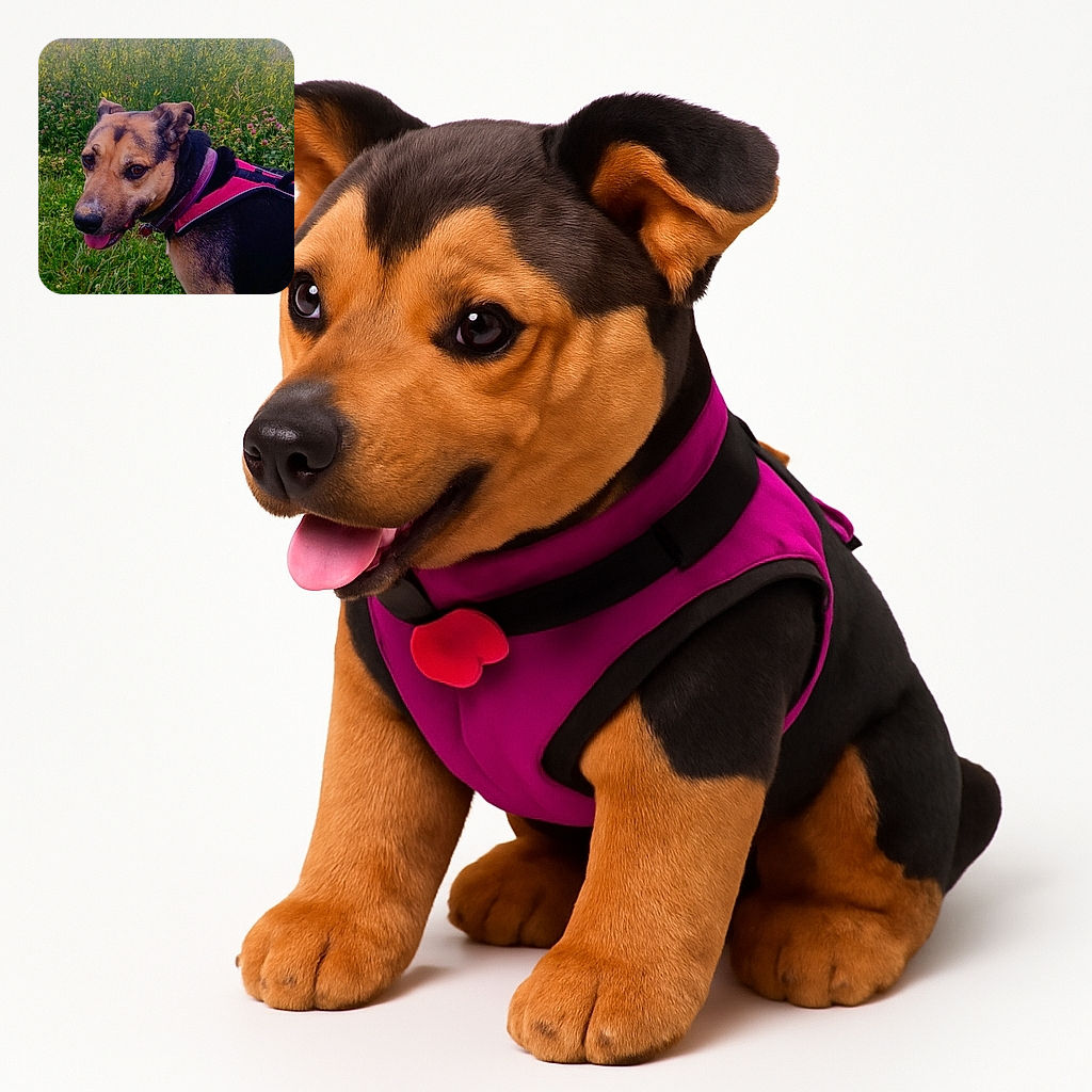 A happy dog wearing a bright pink harness stands in a lush green field with wildflowers and tall grass, looking back with a playful expression and tongue slightly out under a cloudy sky.