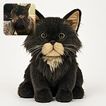 A close-up photo of a fluffy cat with dark fur and lighter patches, sitting next to a floral-patterned couch in a softly lit room. The cat's eyes are slightly reflective, and the background shows a curtain and some wall decor.