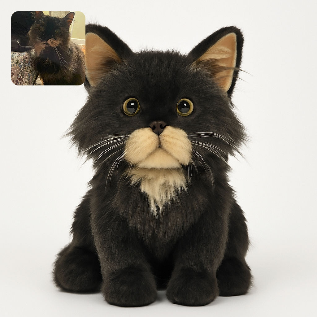 A close-up photo of a fluffy cat with dark fur and lighter patches, sitting next to a floral-patterned couch in a softly lit room. The cat's eyes are slightly reflective, and the background shows a curtain and some wall decor.