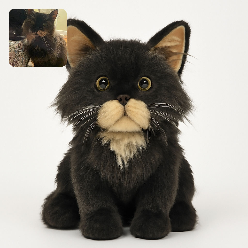 A close-up photo of a fluffy cat with dark fur and lighter patches, sitting next to a floral-patterned couch in a softly lit room. The cat's eyes are slightly reflective, and the background shows a curtain and some wall decor.