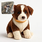 A fluffy brown and white puppy with soulful eyes stands on a dry grassy path next to a person's foot in a green flip-flop, looking curiously at the camera with a soft natural background of a field and sky.