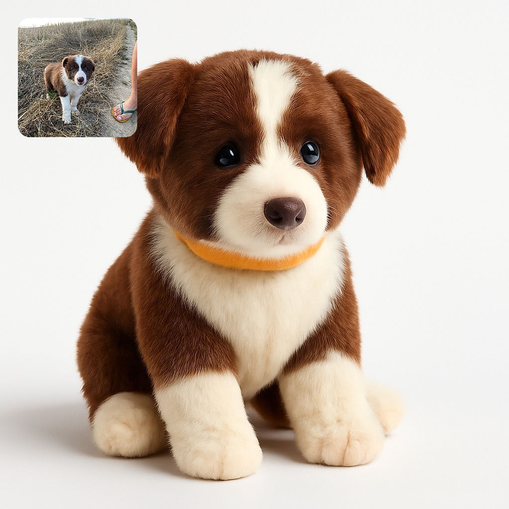 A fluffy brown and white puppy with soulful eyes stands on a dry grassy path next to a person's foot in a green flip-flop, looking curiously at the camera with a soft natural background of a field and sky.