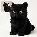 A fluffy black cat with striking yellow eyes perched on the back of a couch, tilting its head slightly as if curious or plotting its next adventure. The background is a plain wall with a wooden doorframe visible, emphasizing the cat's sleek fur and attentive gaze.