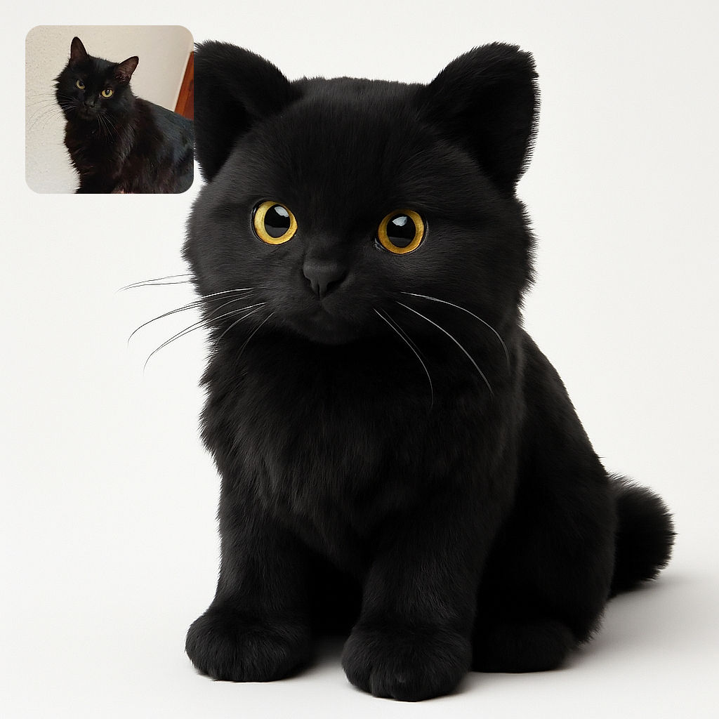 A fluffy black cat with striking yellow eyes perched on the back of a couch, tilting its head slightly as if curious or plotting its next adventure. The background is a plain wall with a wooden doorframe visible, emphasizing the cat's sleek fur and attentive gaze.