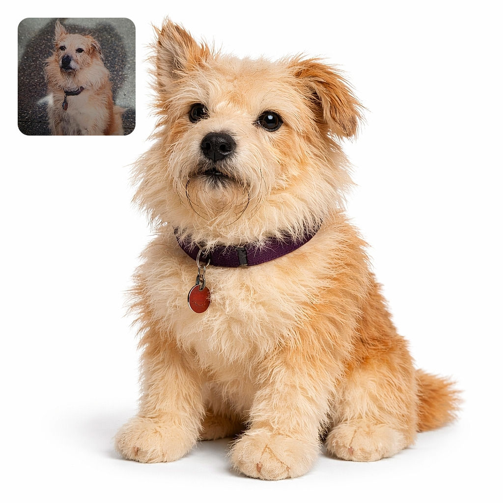 A scruffy, fluffy dog sits patiently on a textured outdoor surface, looking slightly off-camera with a calm and wise expression. The lighting is soft but the image has a grainy texture, giving it a vintage or weathered photo feel.