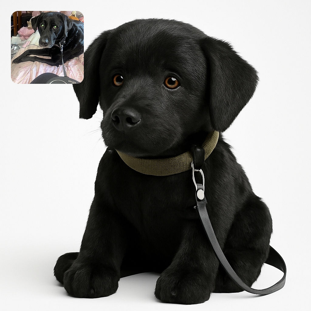 A black dog with shiny fur is lying on a bed covered with pink sheets, looking curiously at the camera while attached to a retractable leash held by a person wearing black pants. The background shows a cozy room with a wooden table, a TV screen, and some clothes hanging.