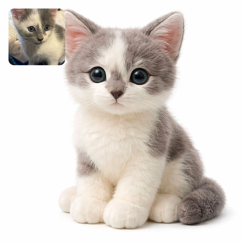 A close-up shot of an adorable gray and white kitten with big blue eyes looking curiously at the camera, surrounded by soft blankets and cozy textures, capturing the innocence and charm of a playful young cat.