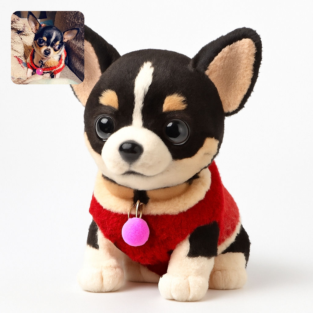 A tiny Chihuahua with oversized eyes and a red sweater sits cozily on a textured blanket, looking slightly to the side as if caught mid-thought or mid-blink in an adorably confused moment.