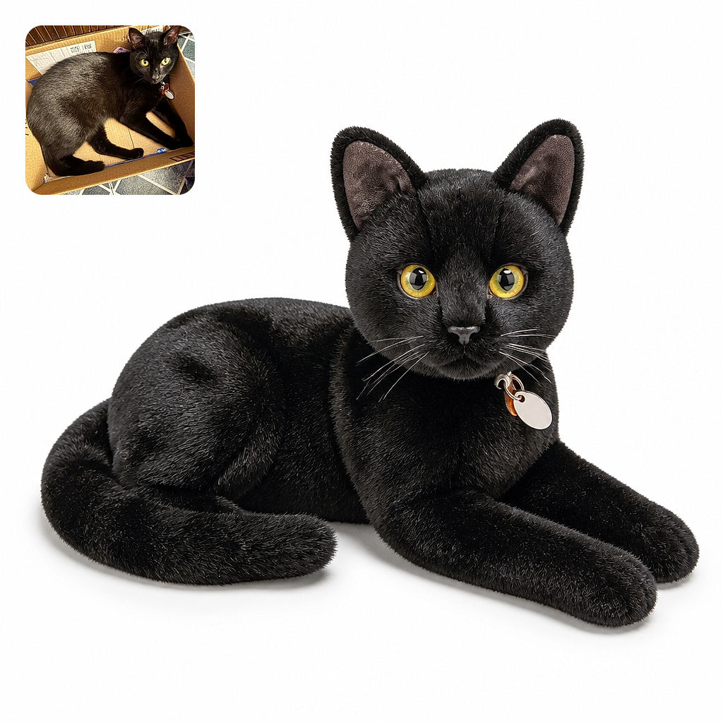 A sleek black cat has claimed a cardboard box as its personal luxury apartment, staring intensely at the camera with glowing golden eyes while the shipping labels and geometric floor quietly confirm that this is premium feline real estate.