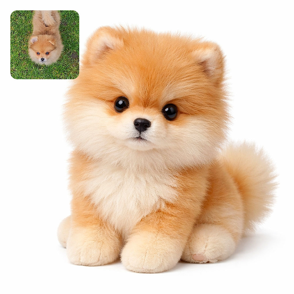 A tiny, ultra-fluffy Pomeranian looks up with big curious eyes like a walking marshmallow — grass carpet, tail curled, and maximum cuddle potential.