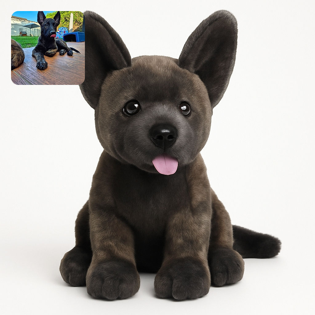 A playful puppy lounges on a wooden floor with its tongue sticking out, set against a bright backyard scene featuring a colorful play tent and green grass under a clear blue sky.