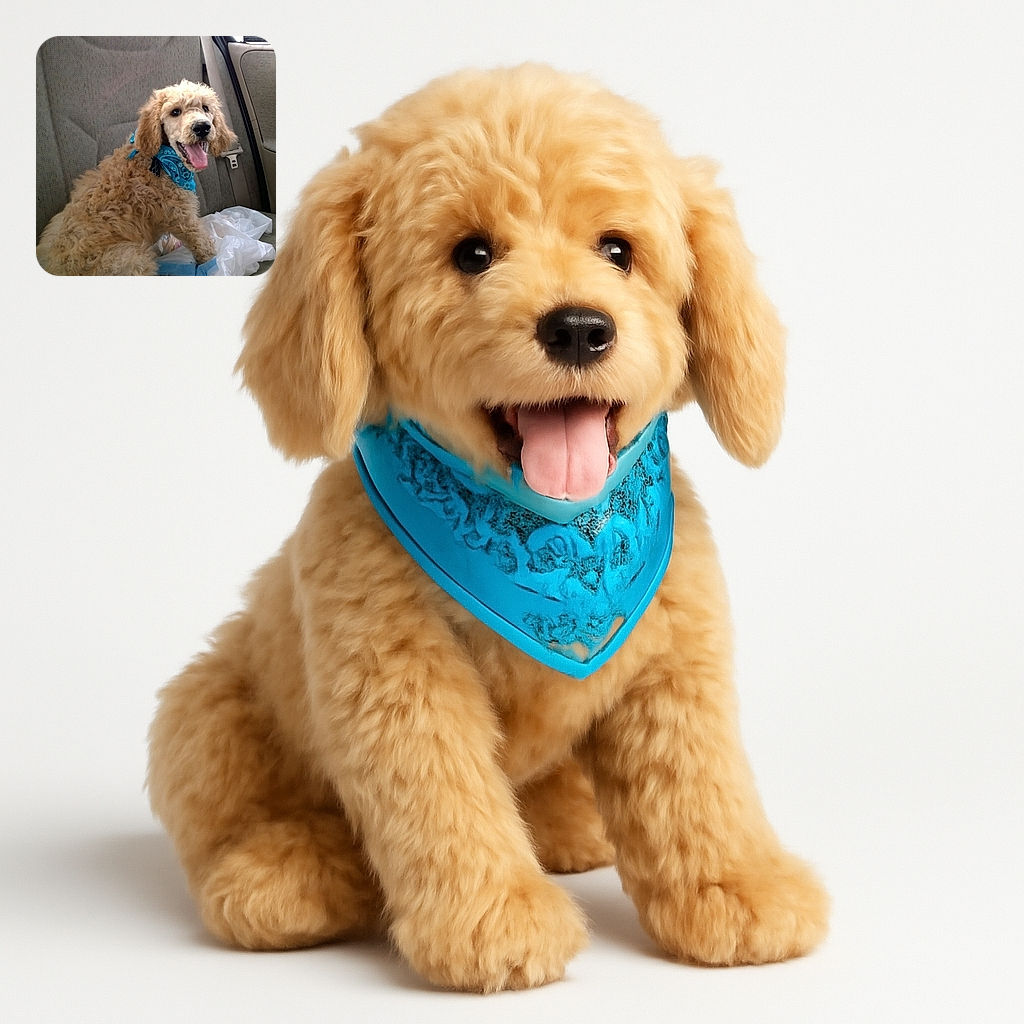 A fluffy, curly-haired dog with a bright blue bandana is sitting happily on the back seat of a car, tongue out and looking like it's ready for an adventure, surrounded by some plastic bags.