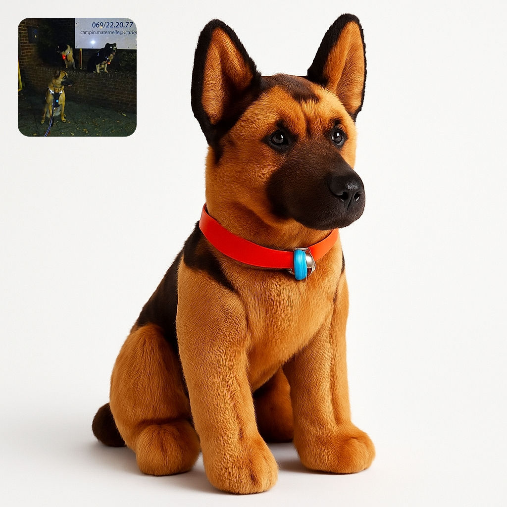 Three dogs wearing reflective harnesses pose on a dimly lit street at night. The photo is grainy and dark with their eyes glowing from the camera flash, giving them a spooky yet adorable look. They sit and stand near a brick wall with a partially visible sign in the background.