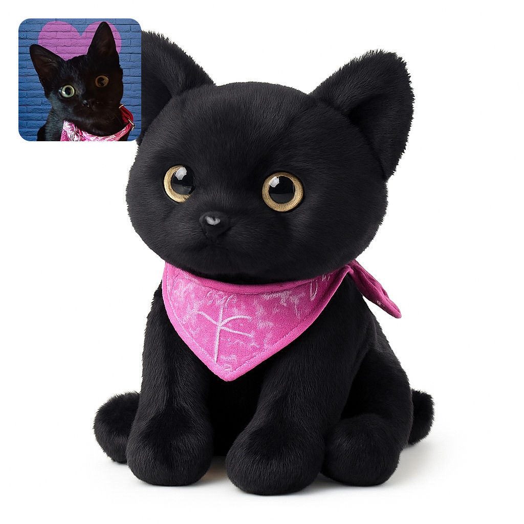 A curious black cat with wide eyes and a pink patterned bandana poses in front of a blue brick wall painted with a large purple heart, giving off major love vibes and a hint of mischief.
