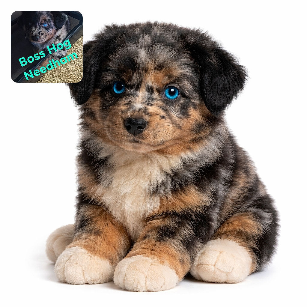 A fluffy puppy with striking blue eyes peeks out from under a piece of furniture, looking adorably curious. The floor is covered with a textured beige carpet, and a few scattered kibble pieces hint at snack time. Bright turquoise text saying 'Boss Hog Needham' playfully overlays the lower center of the image.