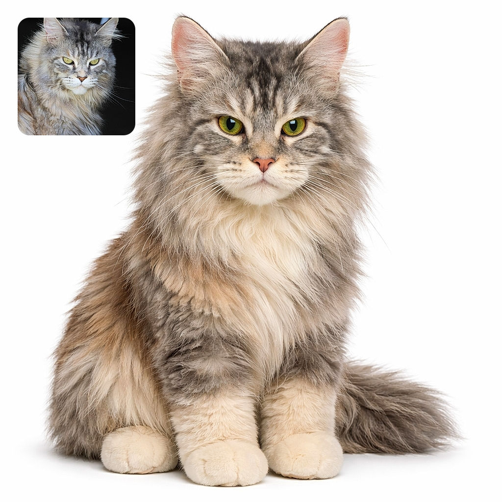 A regal, long-haired cat giving the camera a withering stare — whiskers splayed, green eyes locked on its human suspect, fur fluffy enough to hide a small nation.