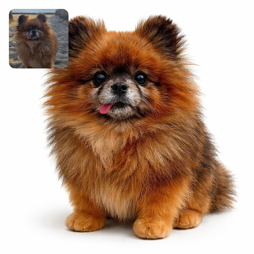 A tiny, fluffy Pomeranian posing like a beachside lion with its tongue politely peeking out — wind-tousled fur, soulful eyes, and more fluff than a cloud factory.