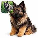 A fluffy German Shepherd dog is lounging in a sunny patch of tall green grass, with dappled shadows playing across its face and fur, looking slightly out of focus but cozy and content.