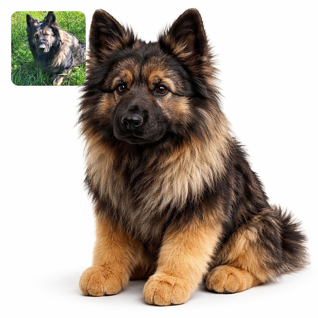 A fluffy German Shepherd dog is lounging in a sunny patch of tall green grass, with dappled shadows playing across its face and fur, looking slightly out of focus but cozy and content.