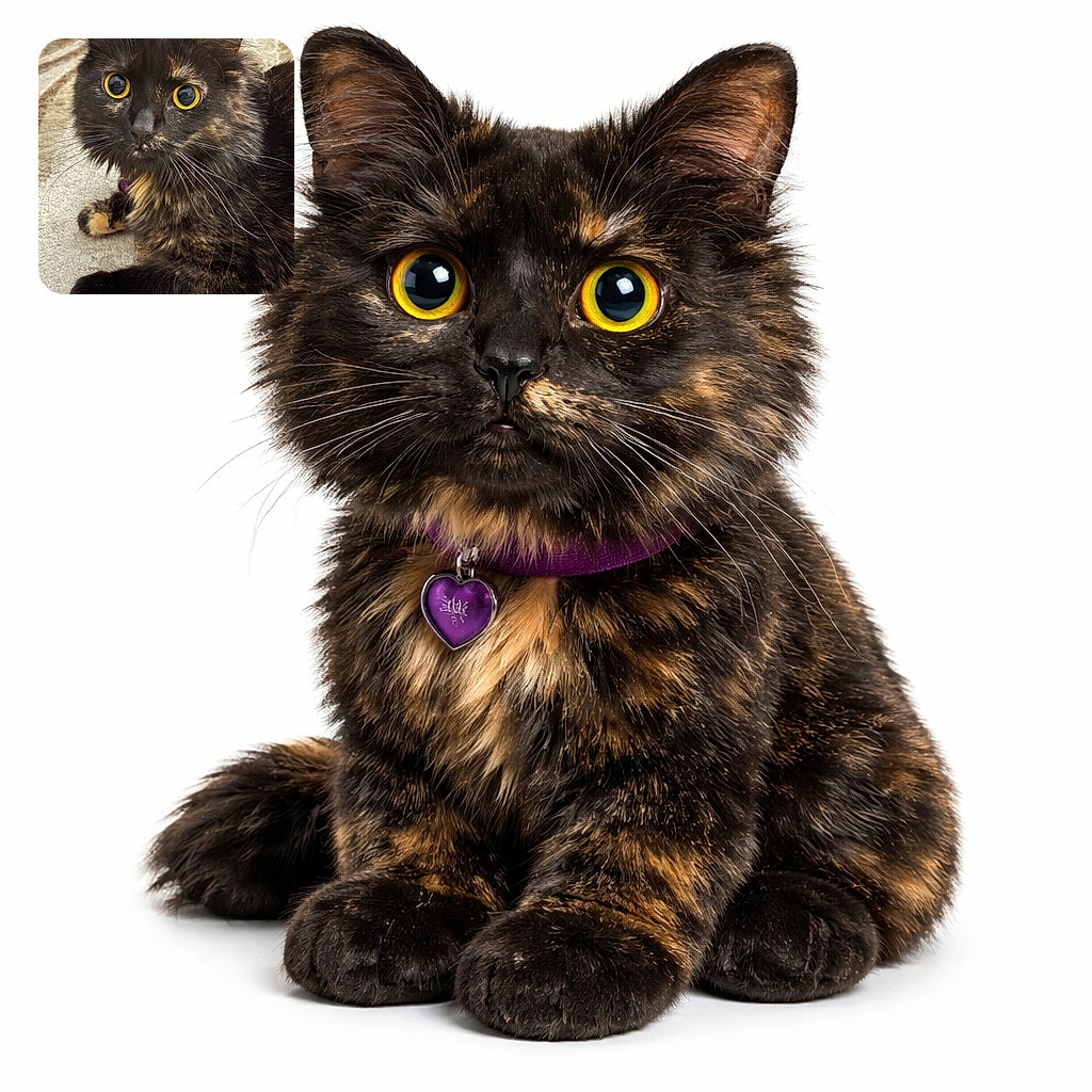 A fluffy tortoiseshell cat with striking yellow eyes stares intently at the camera, its long whiskers and soft fur beautifully detailed against a neutral background.