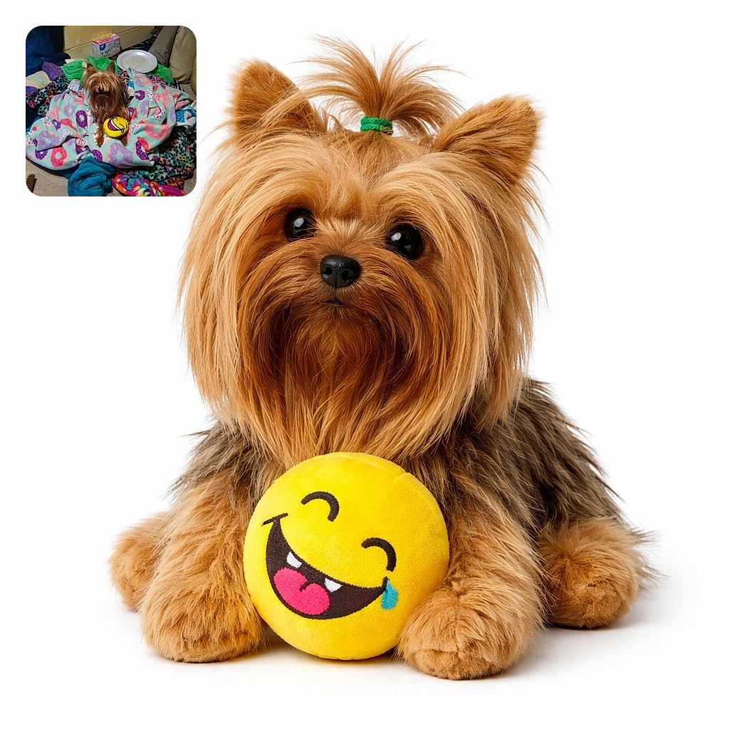 A scruffy little Yorkie dug into a pile of donut-patterned blankets, clutching a laughing-crying emoji ball like it's a prized chew toy — cozy chaos with a paper plate and toys peeking out of the mess.