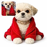 A small fluffy dog wrapped in a bright red blanket looks directly at the camera with big, soulful eyes, while a person wearing a white patterned shirt is partially visible in the background.