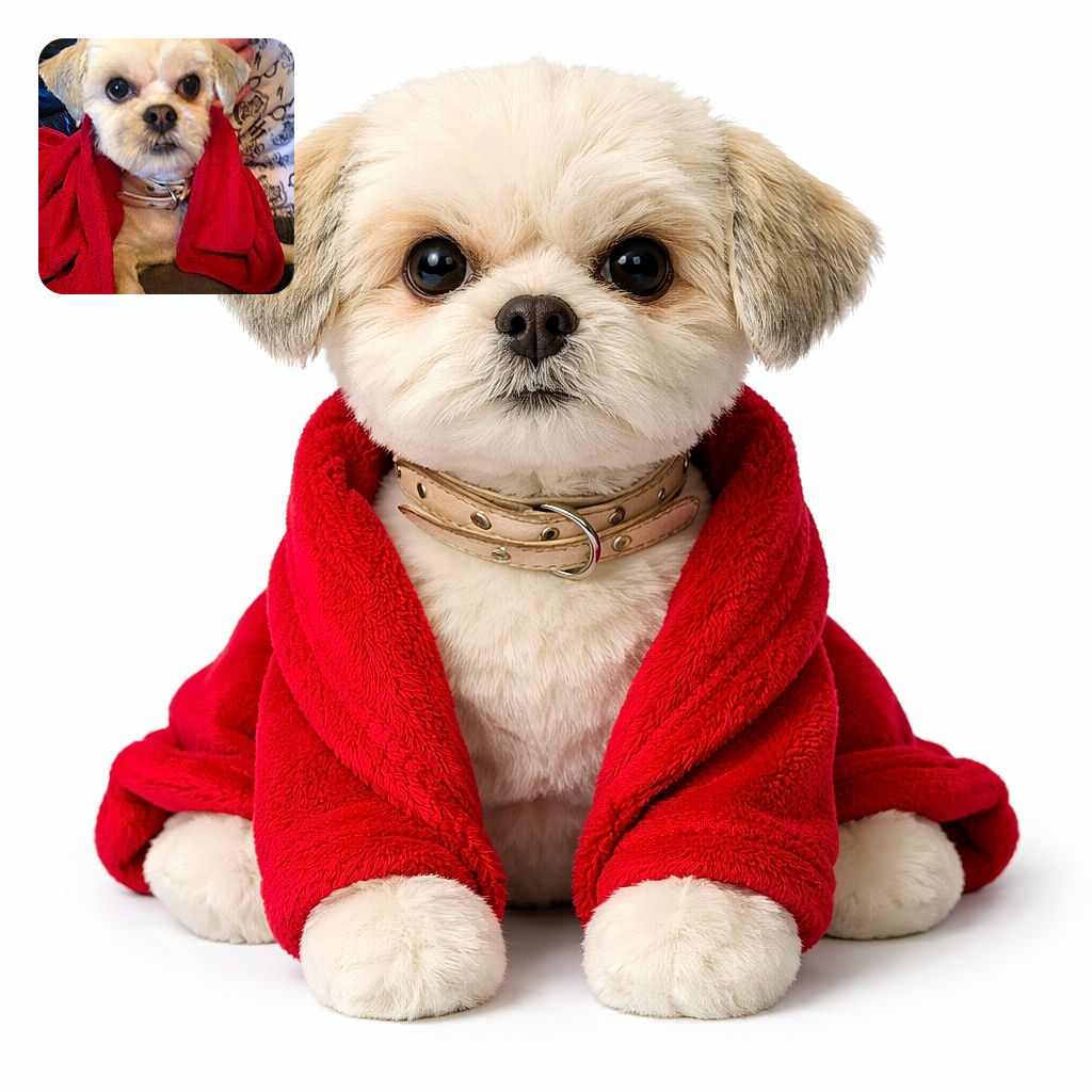 A small fluffy dog wrapped in a bright red blanket looks directly at the camera with big, soulful eyes, while a person wearing a white patterned shirt is partially visible in the background.