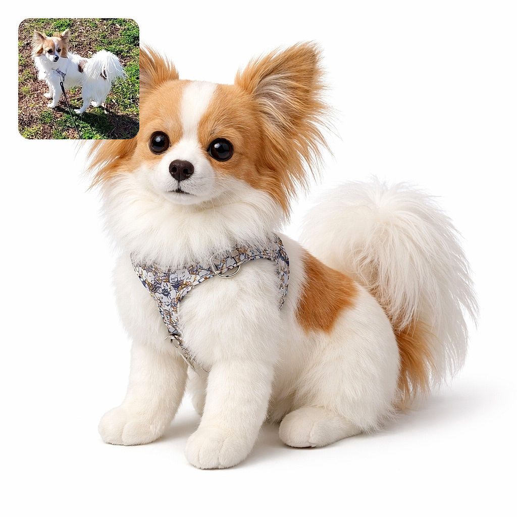 A fluffy white-and-brown little dog strikes a suspiciously regal pose on the grass, plume tail held high and ears on full alert. Sunlight makes its fur glow, a patterned harness and leash add human touches, and the pup looks off-camera like a tiny, very dignified detective on patrol.