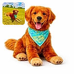 A happy golden retriever lounges contentedly on a sunlit grassy field, wearing a colorful blue-green bandana. The bright blue sky dotted with fluffy clouds creates a perfect cheerful backdrop for this sunny day canine portrait.