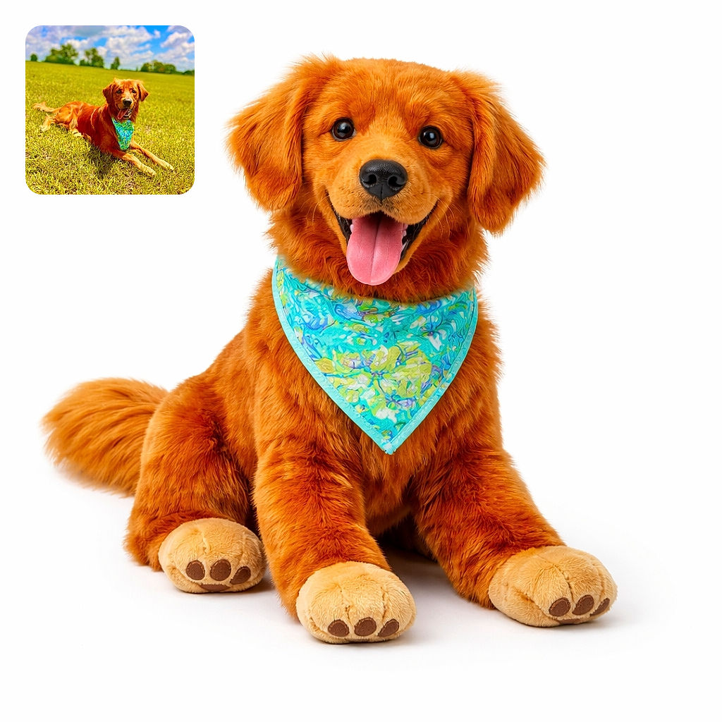 A happy golden retriever lounges contentedly on a sunlit grassy field, wearing a colorful blue-green bandana. The bright blue sky dotted with fluffy clouds creates a perfect cheerful backdrop for this sunny day canine portrait.