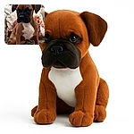 A serious-faced puppy sits on a fuzzy blanket with a backdrop of pillows featuring dog illustrations, creating a cozy and cute canine-themed corner.