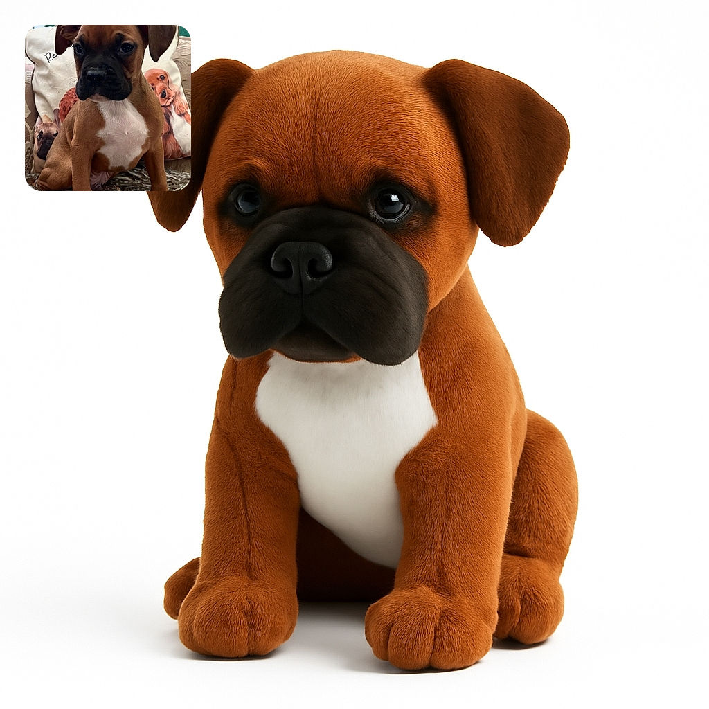 A serious-faced puppy sits on a fuzzy blanket with a backdrop of pillows featuring dog illustrations, creating a cozy and cute canine-themed corner.