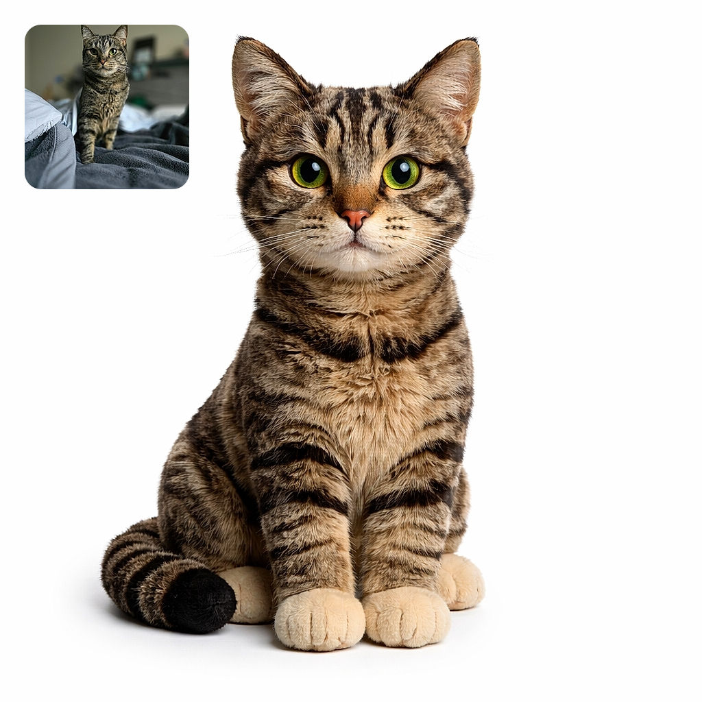 A dignified tabby stares into the camera like it just remembered it owns the house — whiskers on point, green eyes glowing, and a blurry cozy kingdom behind it.