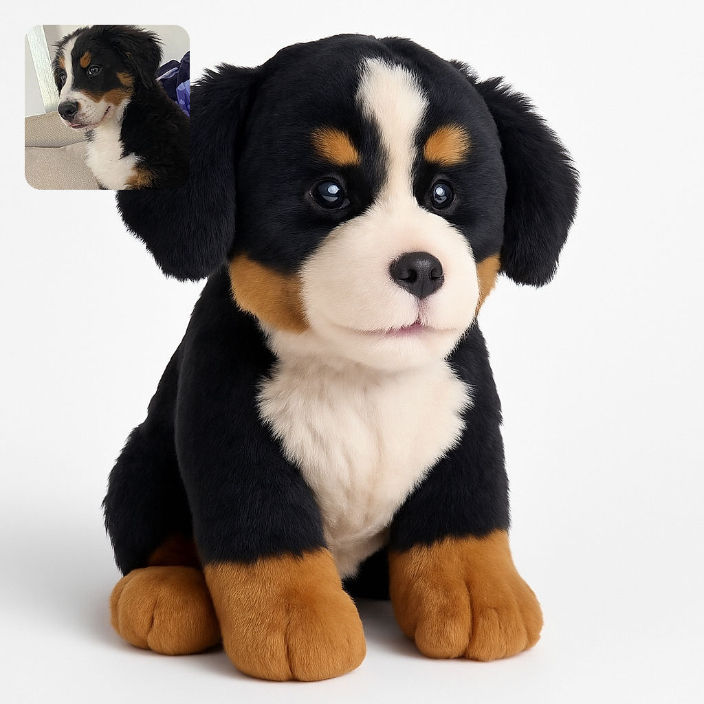 A fluffy Bernese Mountain Dog puppy sits attentively on a beige couch, looking off to the side with a curious and gentle expression, its tri-color fur contrasting beautifully against the neutral background.