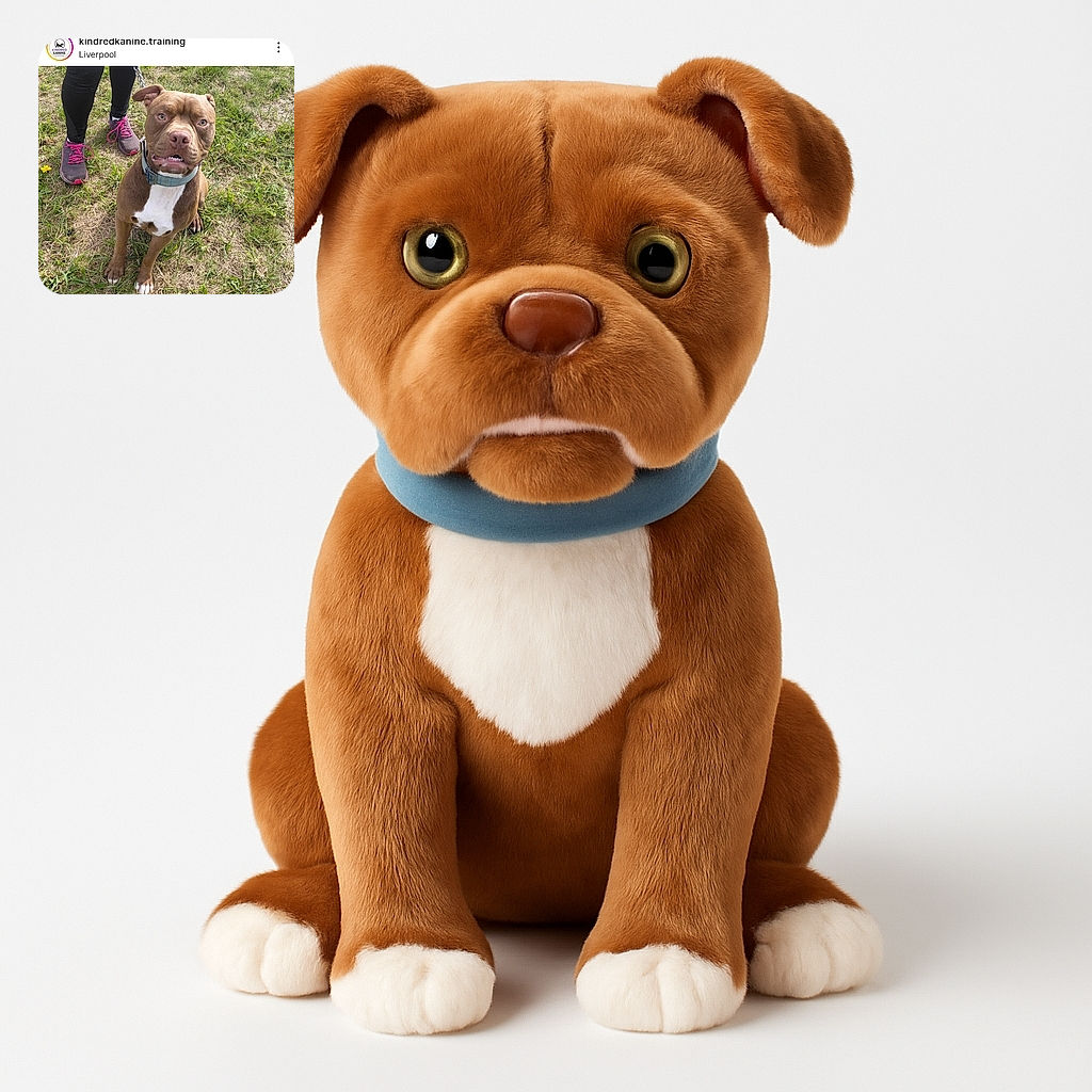 A sturdy brown and white dog with a slightly goofy expression sits attentively on grassy ground, wearing a collar and leash held by a person in black leggings and pink-laced sneakers. The photo is a casual outdoor shot, capturing the dog's charming personality during a training session.