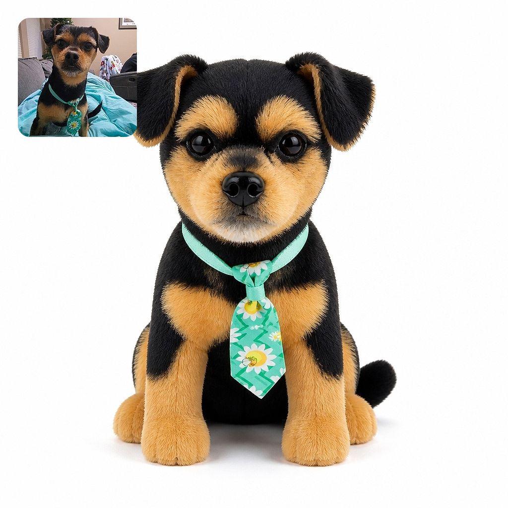 A serious little dog sits proudly on a turquoise blanket, wearing a colorful flower tag and giving the camera a stare that says, “I supervise Christmas now.” A decorated tree, couch, framed picture, and cozy living room complete the scene.