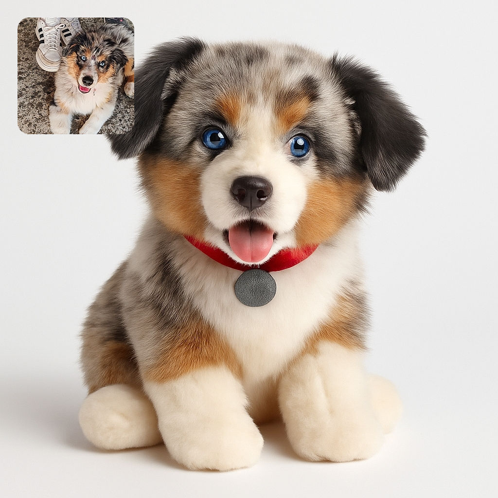A fluffy and adorable puppy with striking blue eyes lounges happily on a textured concrete surface, surrounded by casual sneakers and denim-clad legs, radiating pure puppy joy and curiosity.